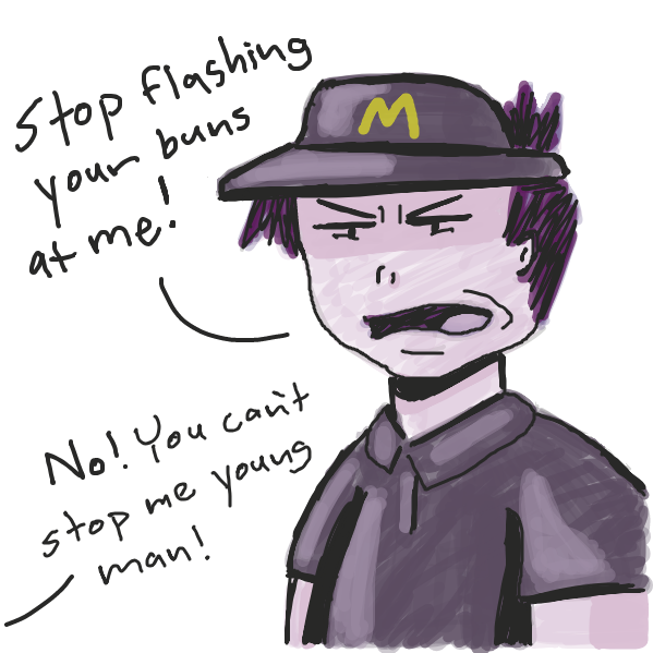 Guy tells woman to stop flashing her buns at him. Woman is stubborn and says no.  - Online Drawing Game Comic Strip Panel by Loco-L