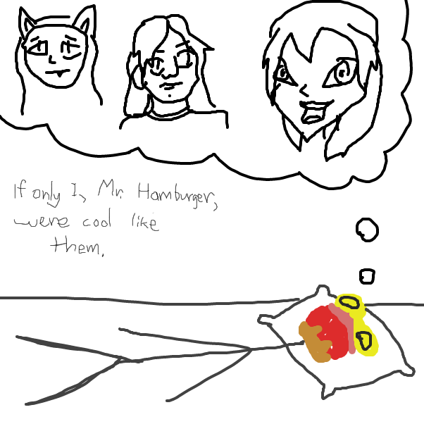 The yellow-eyed guy is thinking about the first three people - Online Drawing Game Comic Strip Panel by jackchak