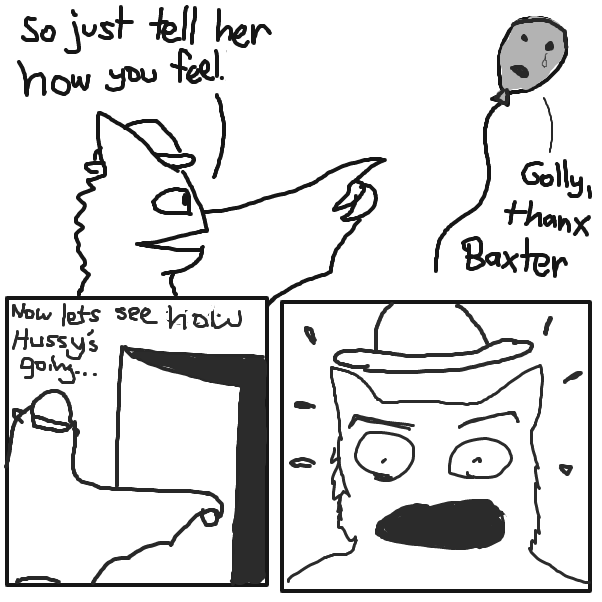 Baxter finishes helping the sad balloon and returns to Cherry and Hussy - Online Drawing Game Comic Strip Panel by jackchak