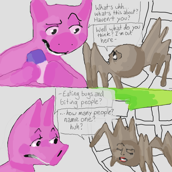 I bitten?  biting who?
leaves is that who? gave the green a... a big oops? a whoop? gone and    put the fangs in the chloro...   chlorophy....  tree green? - Online Drawing Game Comic Strip Panel by Chepley