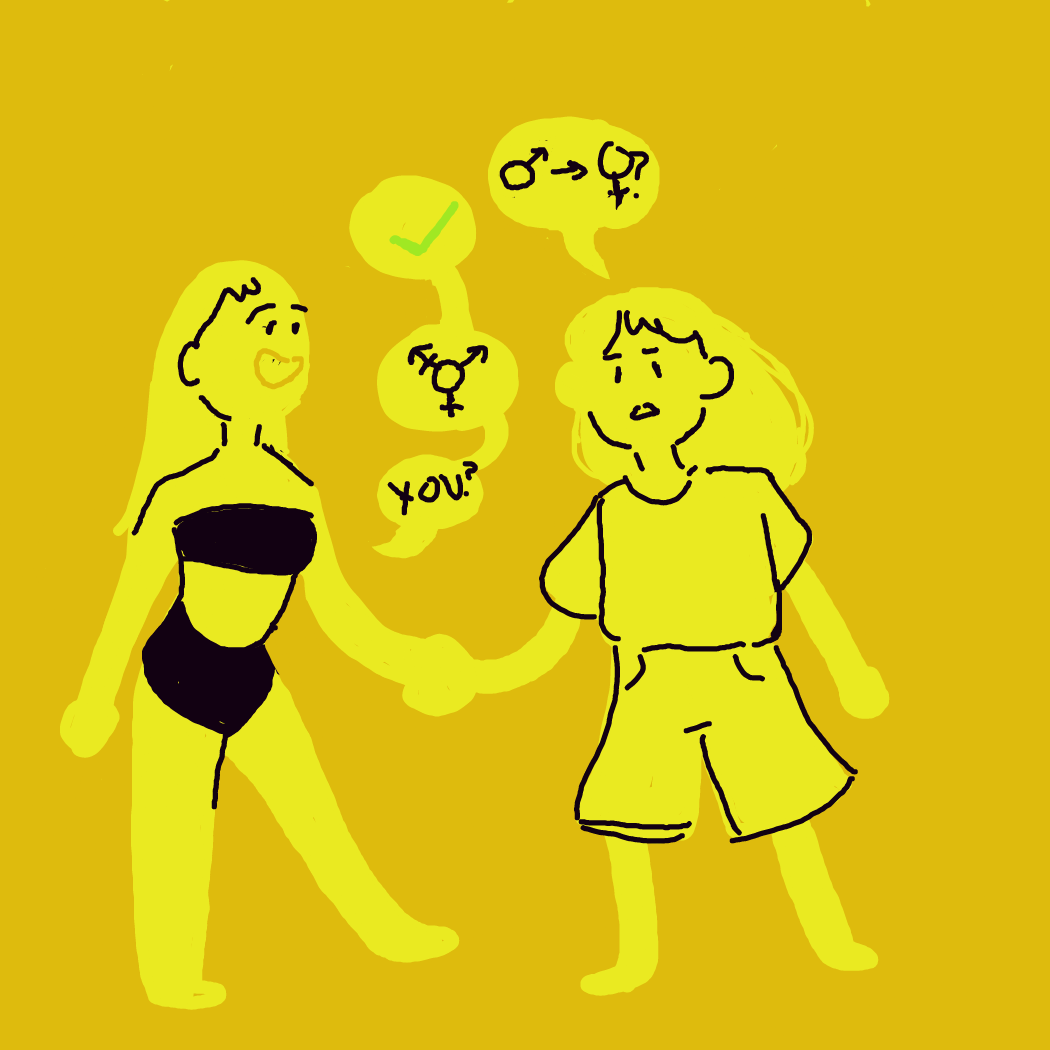 Girl finds out that there are girls on the island! 
Island girl asks if they know a way to change their outs to their ins. Girl says yes, and asks if they want to. I didn't know how to draw you so I wrote it out. :) - Online Drawing Game Comic Strip Panel by Rednightlights