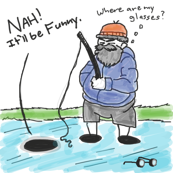 Fishes becomes jerks to blind old fisherman.  - Online Drawing Game Comic Strip Panel by Loco-L