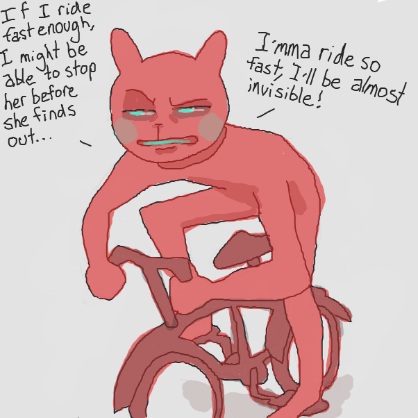 they forgot to take off the head part before they started riding! they've set themself up for a confrontation whether they get there on time or not!
 - Online Drawing Game Comic Strip Panel by Chepley