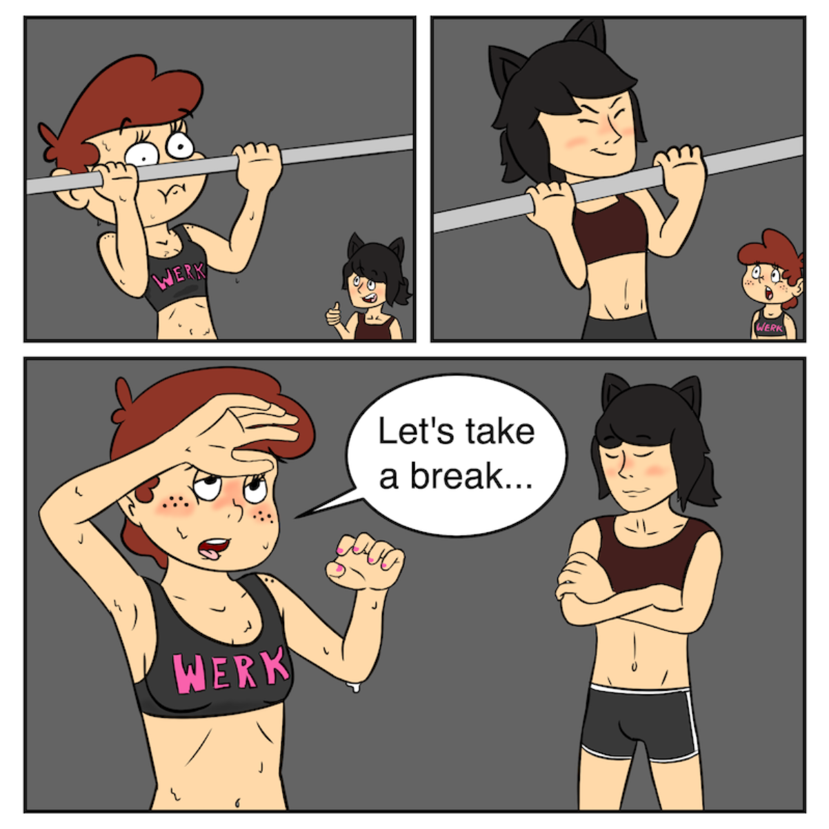 She's getting all sweaty - Online Drawing Game Comic Strip Panel by CherryFlavored