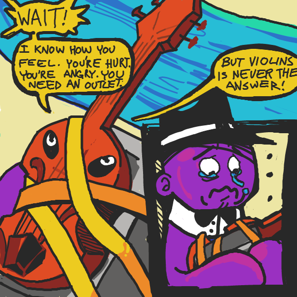 Drawing in Otis the gangster Octopus tries to break a violin by grub