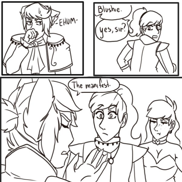 He's got a scroll stating that he's in search of a pwincess to marry!... or something of the like. - Online Drawing Game Comic Strip Panel by Nephtys