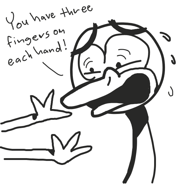 He's freaking out that his friend's got three fingers on each hand.  - Online Drawing Game Comic Strip Panel by Loco-L