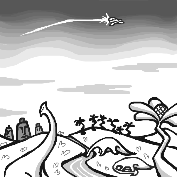 A primeval alien landscape cover the surface of the planet. Dominated by nature and seemingly untouched by civilization were it not for the peculiar rock formations jutting out of the hills. - Online Drawing Game Comic Strip Panel by SeanTrunks