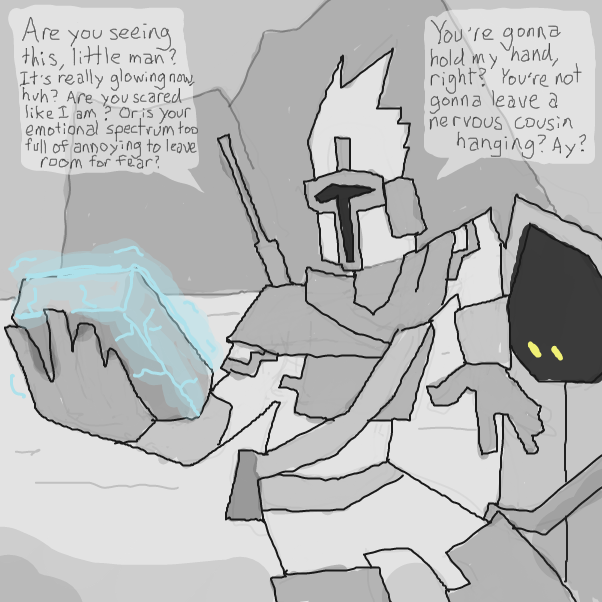 Will the glowing thing do something or does it just glow?
Will scavenger helmet and little grey riding hood make amends on a cousinly level and agree to let hoodie vocalise once more?
is that what this is really all about?
hm?
 - Online Drawing Game Comic Strip Panel by Chepley