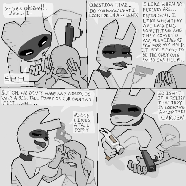 grandma holding a gun picture
cue light-Troy walking in at the last second and ruining everything like oh hi!!!
or someone?
no?
uh oh
 - Online Drawing Game Comic Strip Panel by Chepley