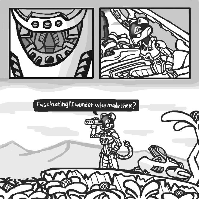 The pilot exits the ship and begins scanning the towering stone heads with a binocular-like portable device. - Online Drawing Game Comic Strip Panel by SeanTrunks