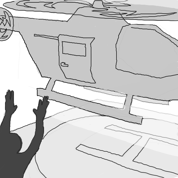 and closer it gets!!! who is inside? who is on the landing pad to greet the helicopter people inside?
 - Online Drawing Game Comic Strip Panel by Chepley