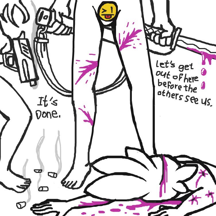 Having accomplished their murderous plot, the two mysterious assailants hurries out of the scene of the crime before they are discovered by the other ultimate students leaving their victim behind for dead. - Online Drawing Game Comic Strip Panel by SeanTrunks