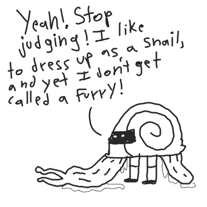 A guy dressed as a snail defends the furry.  - Online Drawing Game Comic Strip Panel by Elepheel
