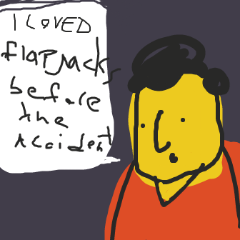 Man in an orange shirt says, "I loved flapjacks before the accident..." - Online Drawing Game Comic Strip Panel by jamdaddy