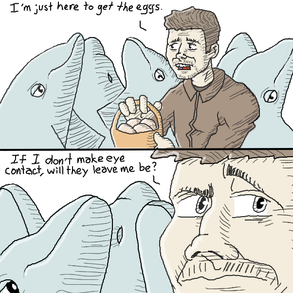I feel like
dolphins gathering around chicken eggs would be a fairly normal thing to see in WizardCroissant world?
 - Online Drawing Game Comic Strip Panel by Chepley