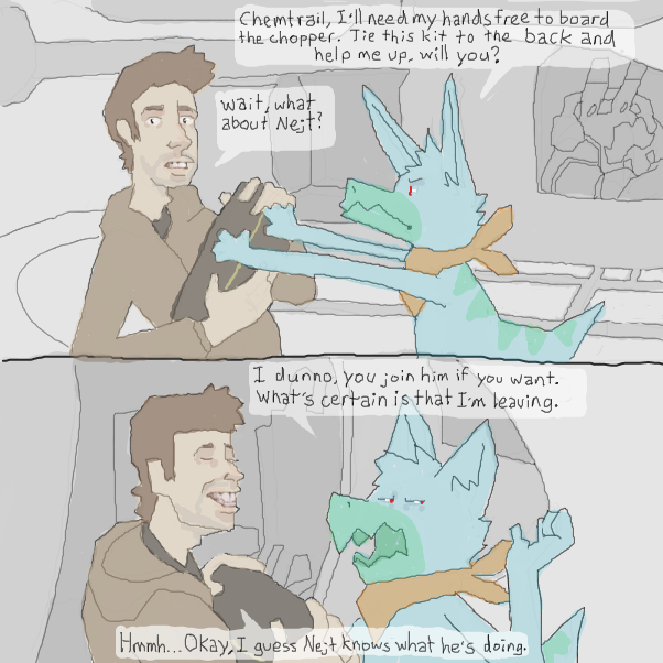 will Chemley tie up the tent kit properly? or will he not which is more likely the case?
Will Derren make it onto the chopper...
will we find out what Nejt needed to do?
what beats are Wizard listening to while flying....
 - Online Drawing Game Comic Strip Panel by Chepley