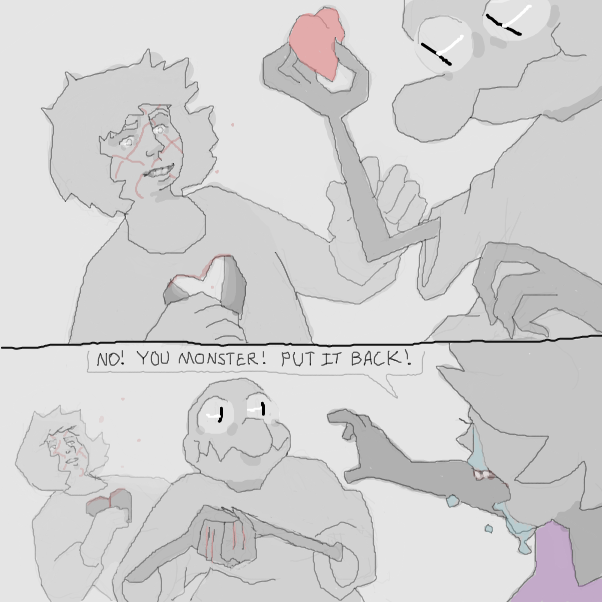 reintroducing two of LizardPie34 characters!
the hunter from jam 5048, who has wounded our character and stolen their 'heart'!!
and the crying character from jam 5907!
is our char falling magic-suspendedly or with gravity?
will they get heart back??
 - Online Drawing Game Comic Strip Panel by Chepley