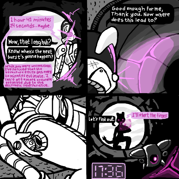 The pilot deploys a remotely operated probe drone into one of the vents in order to explore the interior of the mysterious structure. Meanwhile the suit A.I. begins a timer counting down to the next gas emission. - Online Drawing Game Comic Strip Panel by SeanTrunks