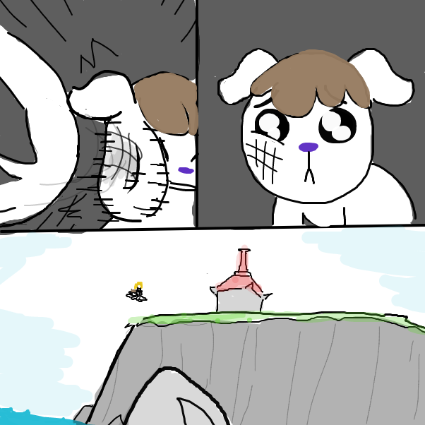 Now both the dog and the square yellow afro are going out of the castle and back to the water!
(also sorry for the rushed look i have to go somewhere... just as i was drawing this ugh) - Online Drawing Game Comic Strip Panel by Sluggishfella
