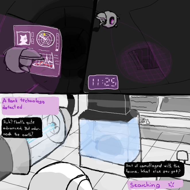 The lab is supposly in some kind of foggy ambient, couldn't quite emphazise it.
As the drone goes deeper in the structure, it goes inside an even smaller vent! encountering what seems to be a laboratory (empty so far). Could there be some secret data here? - Online Drawing Game Comic Strip Panel by Sluggishfella