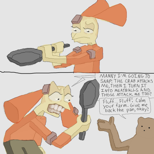 turns out the human was kirban100's Fluff! 
and Fluff was taking turns cooking with SteliosPapa's Manny Monkey! 
Fluff is unimpressed having been attacked by Cody, then turning Cody into crab meatballs only to be attacked by Cody again in meatball form...
 - Online Drawing Game Comic Strip Panel by Chepley