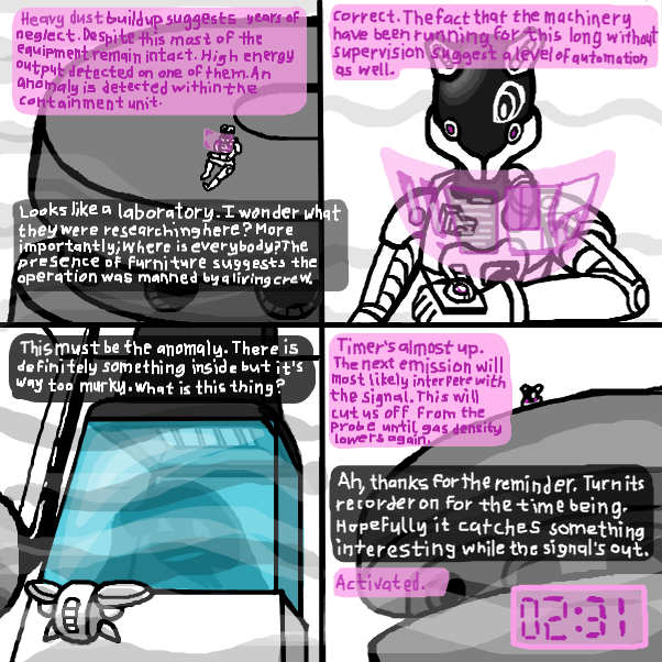 Moving away from the exhaust vents and relocating to the roof of the structure, the pilot and the A.I. investigates the contents of the laboratory room through the probe drone. With time running out, the probe's record function is activated. - Online Drawing Game Comic Strip Panel by SeanTrunks
