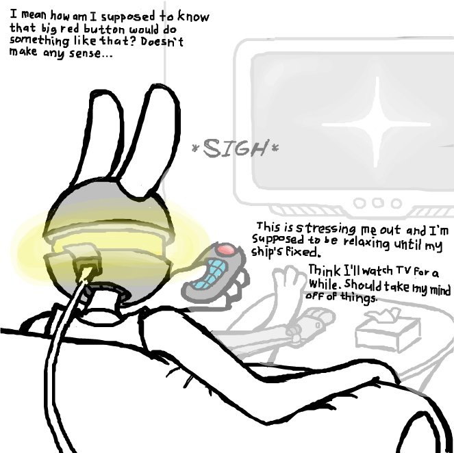Getting stressed out from thinking about recent events Bun turns on the television to watch some broadcasts in order to help calm his troubled mind. - Online Drawing Game Comic Strip Panel by SeanTrunks