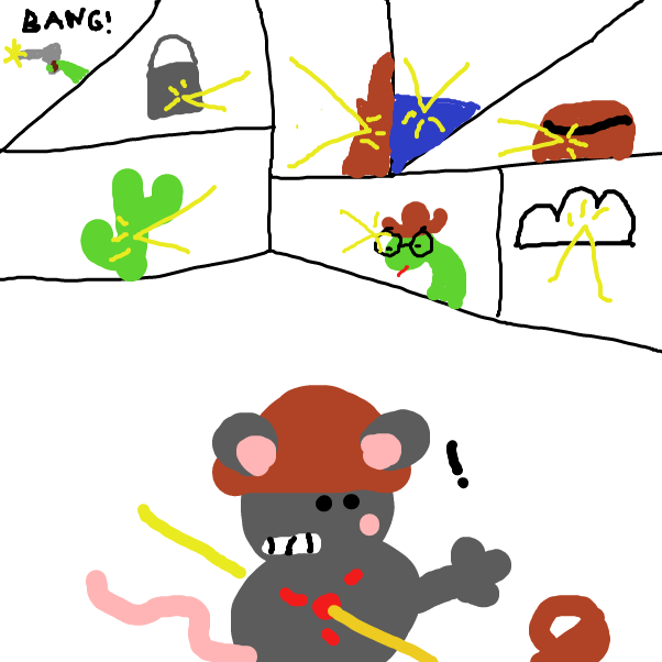 (Note: The bullet just harmlessly ricocheted off Squinty's glasses.) - Online Drawing Game Comic Strip Panel by TheOctavius8