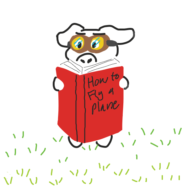 Determined to fly, the pig tries to read a book about how to fly a plane. - Online Drawing Game Comic Strip Panel by Meowdle