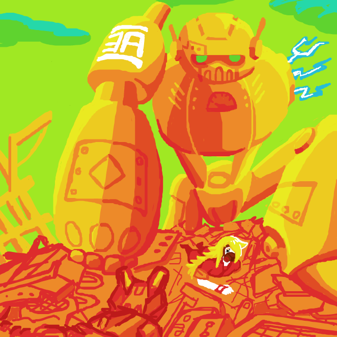 Sensing a potential hostile towards what may very well be one of the last humans, the old robot quickly block the cyborg dogs path to protect the girl from danger. - Online Drawing Game Comic Strip Panel by SeanTrunks