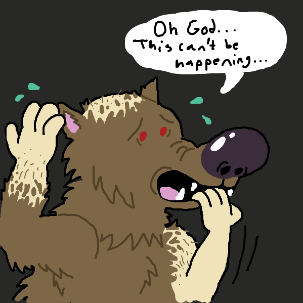 As his (her?) body continues to change, the wolf becomes increasingly distressed.  - Online Drawing Game Comic Strip Panel by Handicrapped