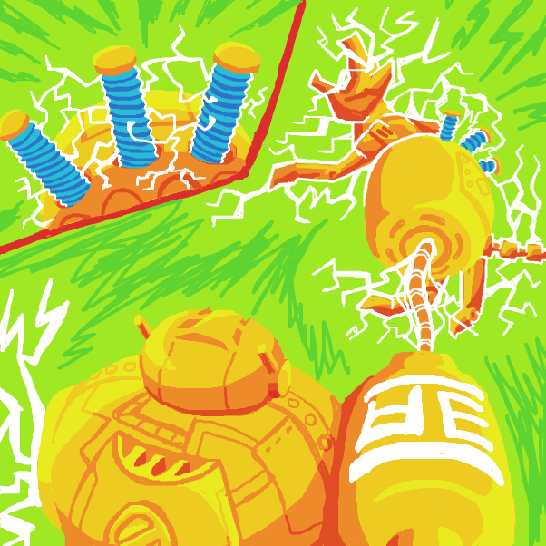 Grabbing a hold of the mechanical canine, the ancient automaton unleashes its knuckle coils and began siphoning as much energy as it can get from the predator in an attempt to neutralize the threat and also recharging its own power in the process. - Online Drawing Game Comic Strip Panel by SeanTrunks