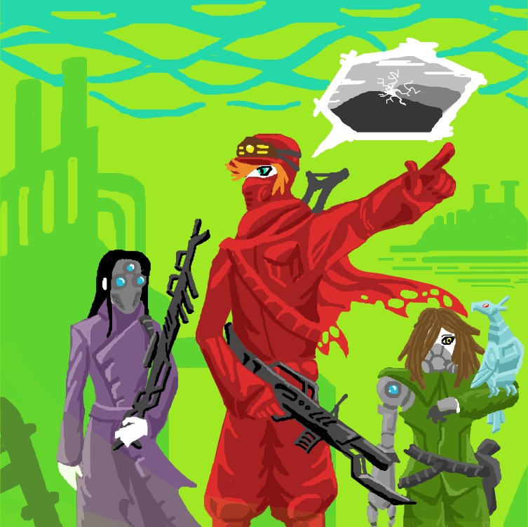 The flash of electric light caused by the old robot's attack has caught the attention of a nearby group of people patrolling the junkyard. One of them points at the general direction where he saw it to the others. - Online Drawing Game Comic Strip Panel by SeanTrunks