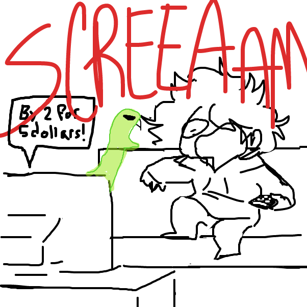 he can tracc
he attac
Most importantly, he want you to buy his snacc - Online Drawing Game Comic Strip Panel by RandomDoodler