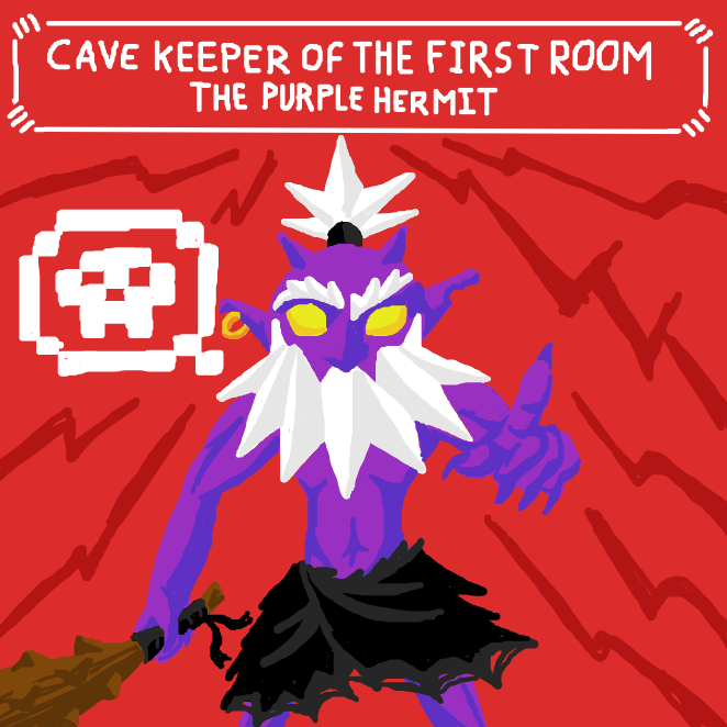 Inside the first chamber a gaunt old demon wielding a hefty spiked club steps forward blocking our hero's path! He refuses to step aside and challenges him to a trial by combat in order to prove his worth to proceed further into the cave! - Online Drawing Game Comic Strip Panel by SeanTrunks
