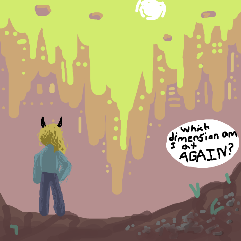 she is asking which universe she ended up on, and saying hi to the native dwellwers - Online Drawing Game Comic Strip Panel by 6Finite