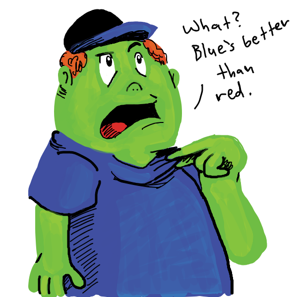 Green kid tells his mom and dad that blue's better than red. - Online Drawing Game Comic Strip Panel by Loco-L