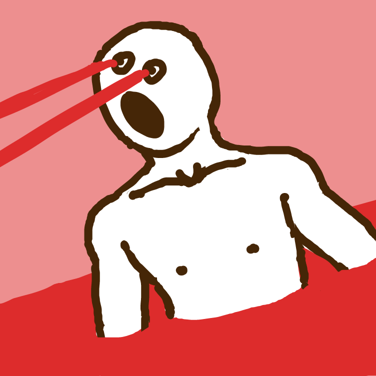 I've noticed whenever I draw mostly red on a panel, I might have the guy tilted/diagonal. Weird. - Online Drawing Game Comic Strip Panel by nooz