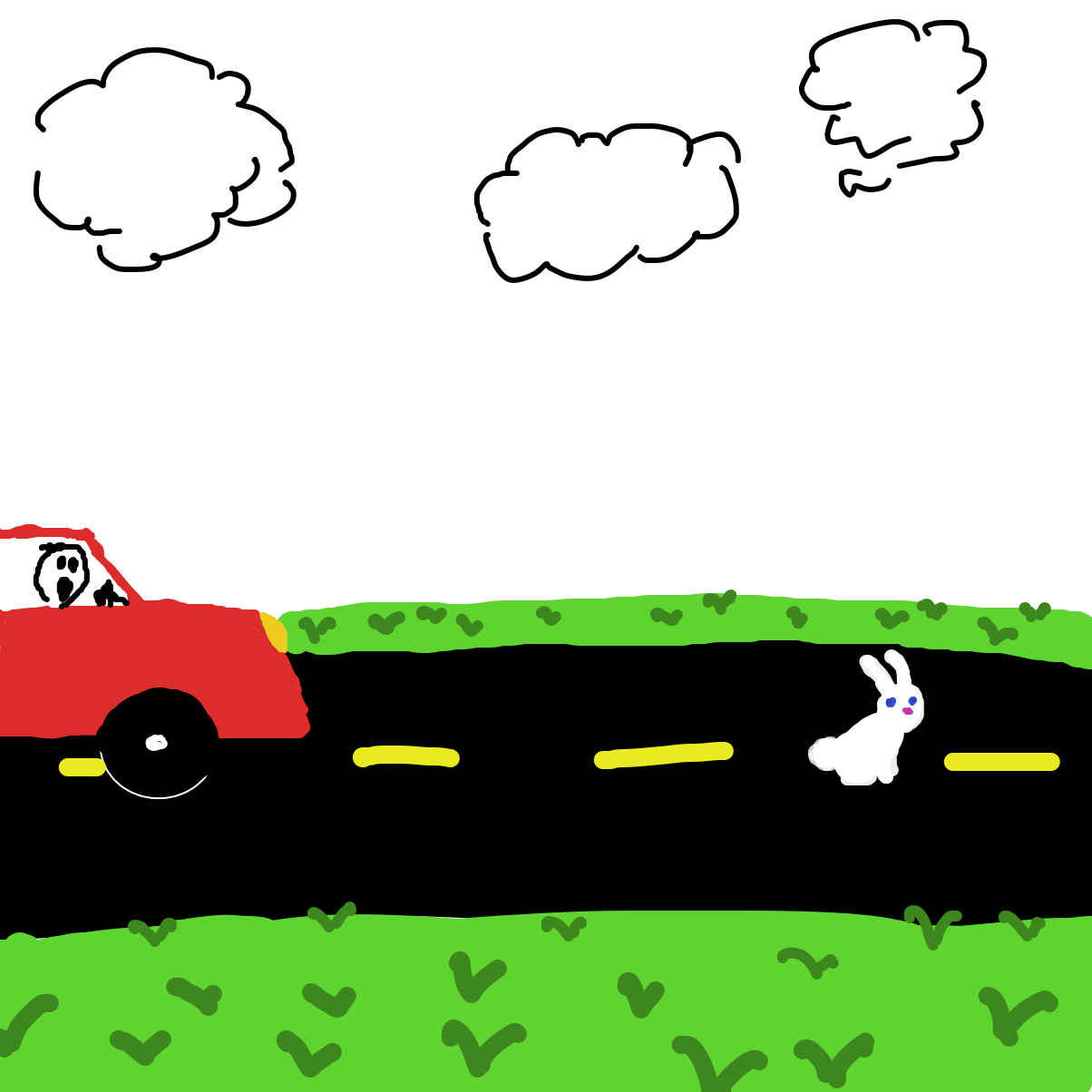 Thankfully, the driver has noticed the bunny!  - Online Drawing Game Comic Strip Panel by Scribbledabble