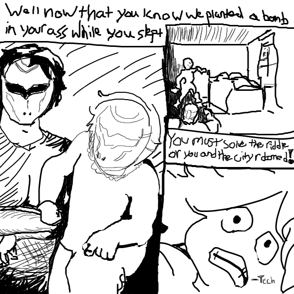 He must solve the riddle of the neo-kyoto terror group or him and the city will be destroyed!, p.s foreshortening the left hand took as long as the rest of the page :) - Online Drawing Game Comic Strip Panel by Davidguyette