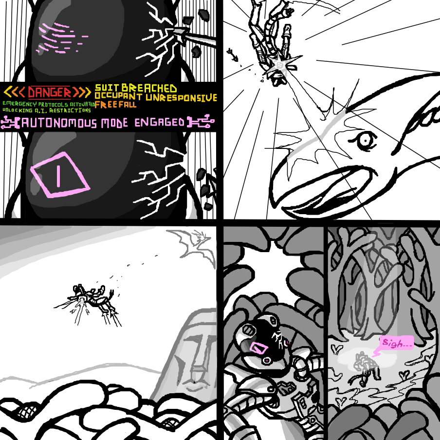 With the pilot unresponsive and falling towards their doom, the suit's emergency systems kicks in, granting the on-board A.I. full control of the suit. The A.I. then used its thrusters to stabilize itself, crash landing deep into the jungle floor below. - Online Drawing Game Comic Strip Panel by SeanTrunks