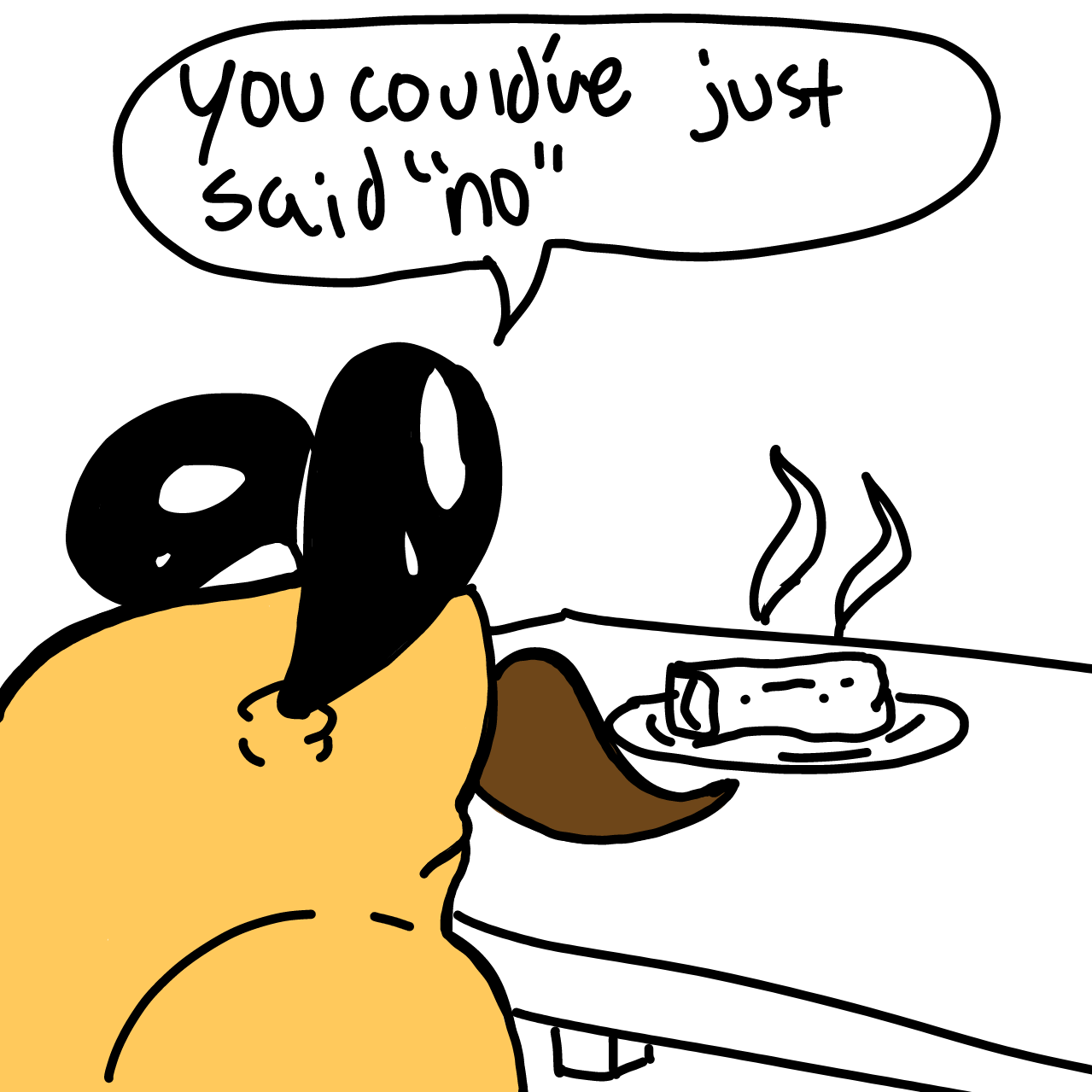 shrimp looking guy reacting to only getting one eggroll since he asked for too much - Online Drawing Game Comic Strip Panel by Gabbr