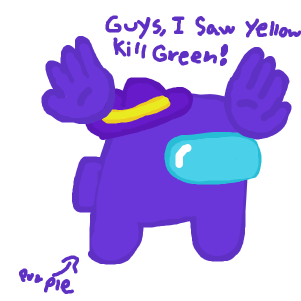 Purple Runs and tells everyone that Yellow killed green, even thought he's the one that did it. he wants everyone to believe it was Yellow so he gets voted off. - Online Drawing Game Comic Strip Panel by SCM