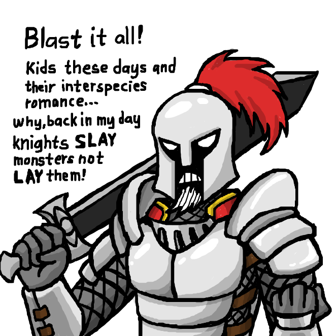 Boomer knight complains about the new generation of knights and their monster loving degeneracy. - Online Drawing Game Comic Strip Panel by SeanTrunks
