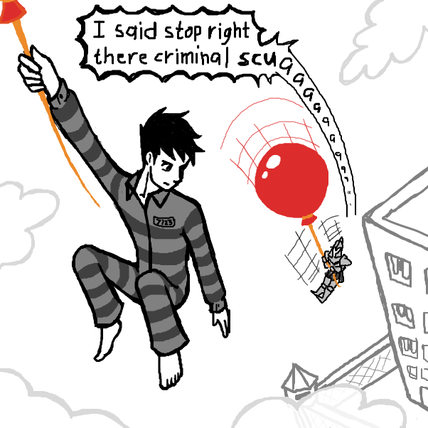 It is at this very pivotal moment in the lawman's life that he finally realizes that wearing a heavy suit of armor in the middle of a high stakes balloon chase several stories high from the ground was not such a great idea after all. - Online Drawing Game Comic Strip Panel by SeanTrunks