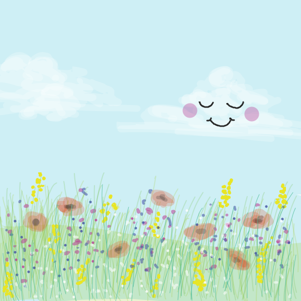 A happy little cloud is relaxing over a flowery meadow. - Online Drawing Game Comic Strip Panel by Simply_Kali