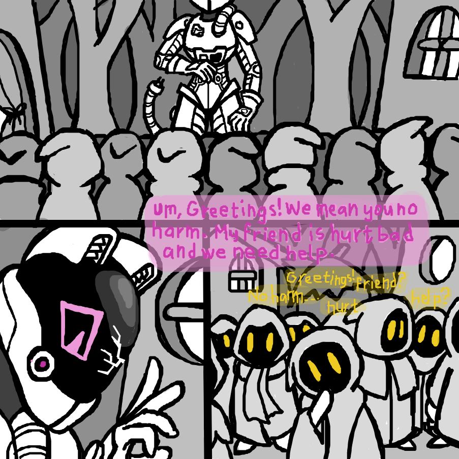 "Um, Greetings! We mean you no harm. My friend is hurt bad and we need help." said the Suit's AI. The villagers then began muttering and repeating words and phrases that they've just heard to themselves in an attempt to understand the stranger's language. - Online Drawing Game Comic Strip Panel by SeanTrunks