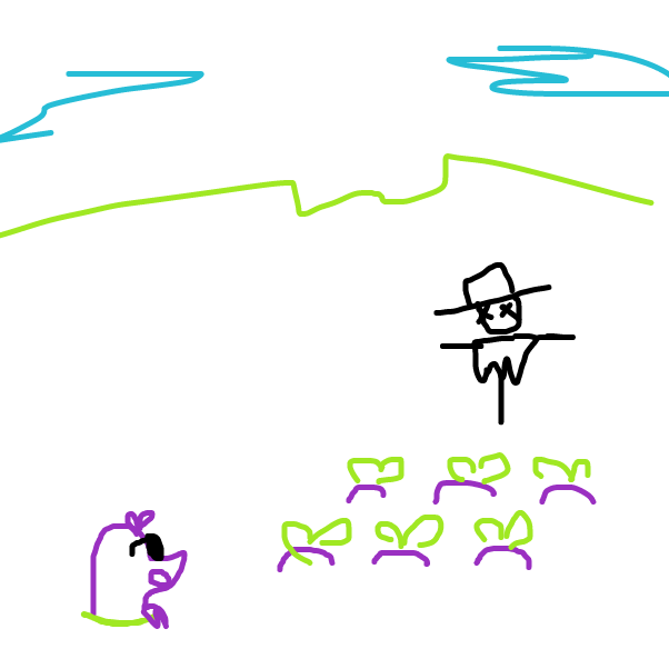 A farm! There could be delicious grub crawling around nearby. Watch out for farmers! - Online Drawing Game Comic Strip Panel by SeanTrunks