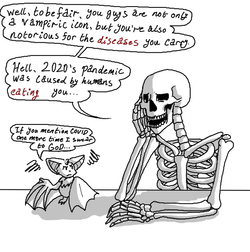 Shut up, bonehead. You don't even know if the bat eating part was true. - Online Drawing Game Comic Strip Panel by ⚰